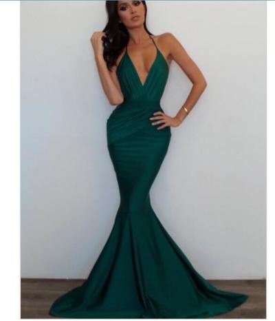 Green Mermaid Prom Dresses Sexy Deep V Neck Sleeveless Evening Dresses Party Gowns Vestidos