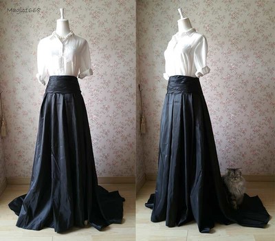Black High Waist High Low Pleated Prom Skirt Custom Plus Size Black Party Outfit Evening Skirt
