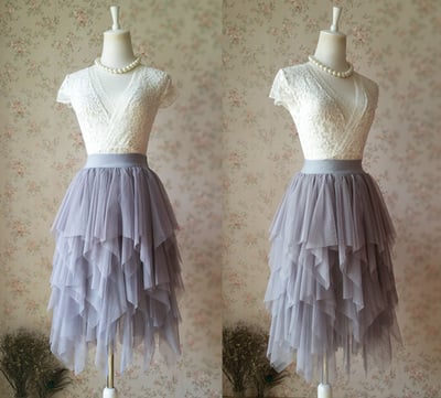 Gray Elastic Midi Tulle Skirt