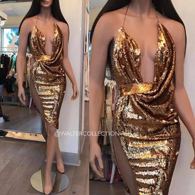 Gold Sequins Lace Prom Dresses Halter Mini Short Homecoming Dresses Party Gowns Vestidos
