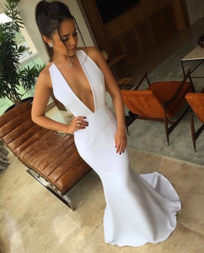 Mermaid White Prom Dress,Sexy Open Back White Evening Dress, White Sexy Deep V Neck Party Gowns