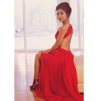 Lace Appliques Evening Dresses,Halter Floor-Length Evening Dresses, Real Made Long Prom Dresses,Chiffon Red Prom Dresses, Graduation Dresses