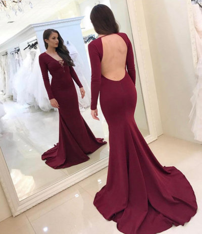 Long Sleeves Burgundy Evening Dress,Sexy Open Back Prom Dress,Mermaid Sexy Burgundy Prom Gown,Mermaid Long Sleeves Open Back Graduation Dress
