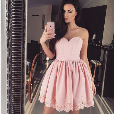 High Quality Sweetheart Dust Pink Prom Dress Homecoming Dress,Short Prom Dress, Knee Length Lace Graduation Dress