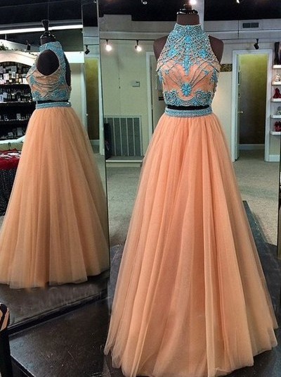 A-line Champagne Tulle with Turquoise Rhinestone Beaded 2 Pieces Prom Dresses,Halter High Neck Fancy Evening Dresses