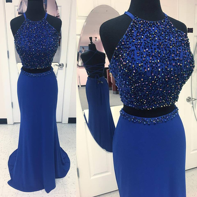 Royal Blue Jersey with Rhinestone Beaded 2 Pieces Prom Dresses,Backless Formal Dresses with Sweep Train,Mermaid Prom Gowns