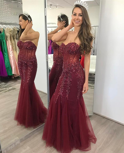 Strapless Burgundy Mermaid Prom Dress,Mermaid Formal Dress,Beaded Pageant Prom Gown