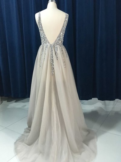 Sparkly Prom Dresses,Long A-line V-neck Beading Crystal Backaless Prom Party Dresses Plus Size