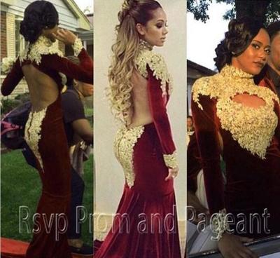 High Neck Mermaid Long Sleeve Prom Dresses Gold Applique Backless Burgundy Gorgeous Arabic Dubai Occasion Formal Evening Gowns