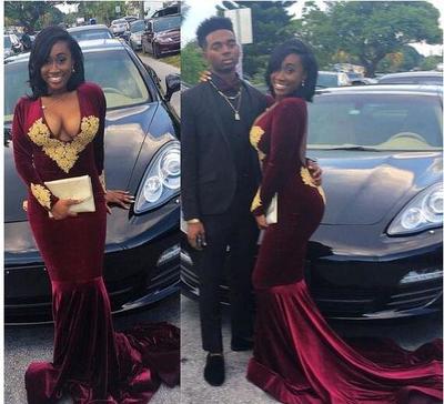 Hot Burgundy Velvet Prom Dresses Mermaid Keyhole Backless with Gold Appliques 2K17 V Neck Long Sleeves Party Gowns Evening Dress