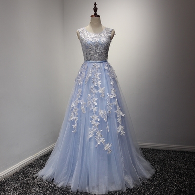 Real Photos Backless A-line Lace Appliques Beaded Long Prom Dresses Plus Size RE128