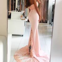 Sexy Mermaid Prom Dress,Mermaid Lace Evening Dress,Mermaid Halter Neckline Wedding Guest Dress,Mermaid Blush Lace Bridesmaid Dress - Thumbnail 3