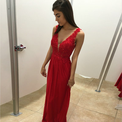 A line V-neckline Red Lace Prom Dress,Sexy Open Back Red Graduation Dress