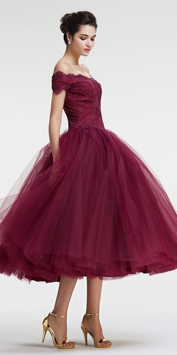 Tea Length Ball Gown Off Shoulder Sleeves Burgundy Tulle Prom Dress,Burgundy Homecoming Dress,Tea Length Sexy Burgundy Lace Graduation Dress