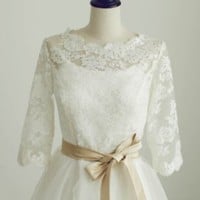 Tea Length Modest 3/4 Long Sleeves Vintage Lace Wedding Dress - Thumbnail 1