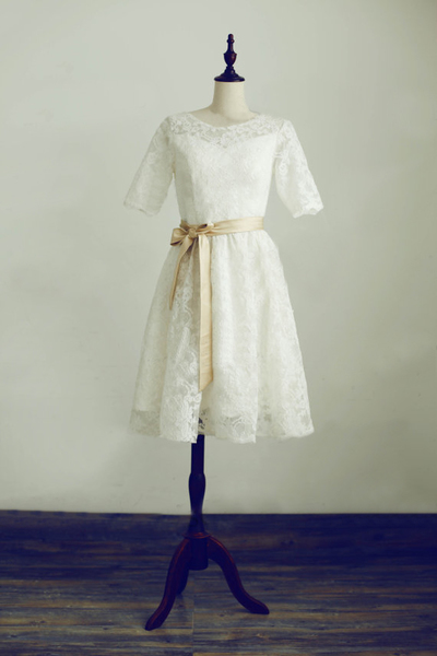 Knee Length Half Sleeves Vintage Lace Wedding Dress