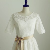 Knee Length Half Sleeves Vintage Lace Wedding Dress - Thumbnail 1