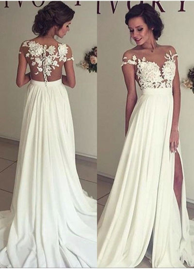 Sexy Slit Wedding Dress,Lace Bridal Dress,Sexy Open Back Wedding Gown
