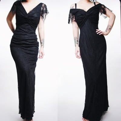CLAIMED - Vintage 80s Black Lace Overlay Off-the-Shoulder Gown