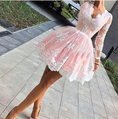 Pink Homecoming Dress,Short Prom Dress,Long Sleeves Lace Graduation Dress