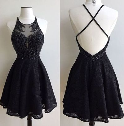Black Lace Homecoming Dress,Open Back Homecoming Dress,Sexy Open Back Black Prom Dress