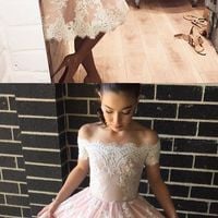 Off Shoulder Sleeves Homecoming Dress,Pink Lace Homecoming Gown,Short Lace Prom Dress - Thumbnail 1