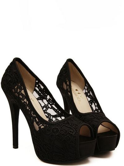 Eoooh Black Lace Design Peep Toe High heels Shoes