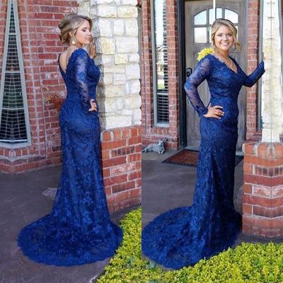 Royal Blue Long Sleeves Lace Mermaid Prom Evening Dresses Long V-neck Appliques Prom Party Dress E15