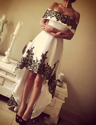 Simple Off-shoulder High Low Lace Prom Dresses Ivory & Black Prom Evening Gowns E19