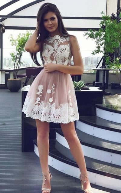 Rose Homecoming Dress,Short Lace Prom Dress,Rose Tulle Graduation Dress