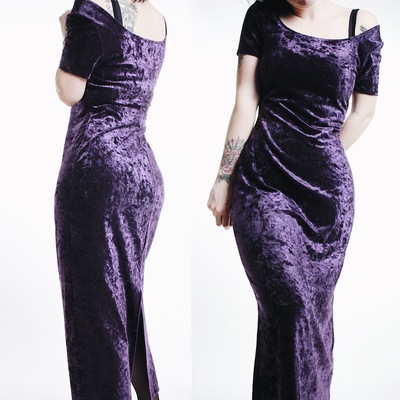 CLAIMED @isode__ - Vintage 90s Purple Crushed Velvet Short Sleeve Maxi Dress