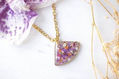 Real Dried Flowers and Resin Necklace, Small Gold Fan in Purples