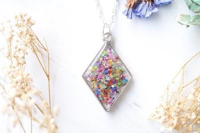 Real Pressed Flower and Resin Necklace Silver Diamond in Party Mix