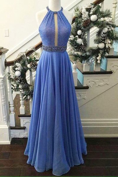Halter Neckline Prom Dress,Blue Evening Dress,Sexy Open Back Graduation Dress