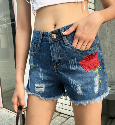 Rose Embroidered Ripped Denim Shorts