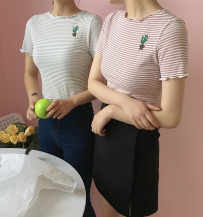 Cactus Embroidered Stripes T-shirt