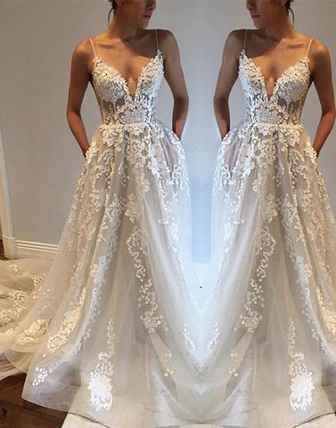 Custom made v neck spaghetti strap wedding gown lace evening dresses,BD170603