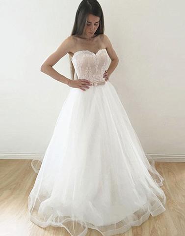 White sweetheart neck lace tulle long prom dress wedding dresses,BD170605