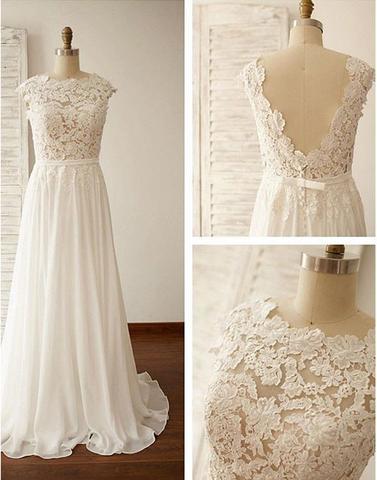 White A line chiffon lace long prom dress wedding dresses,BD170606