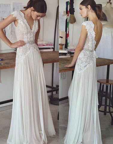 Elegant A line V neck lace wedding long prom dresses,15041505