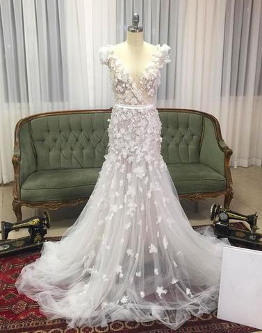 white tulle long prom dress, white long wedding dress,15041504