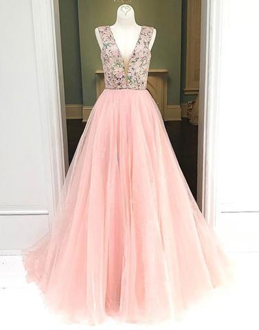 Unique pink v neck tulle prom evening dresses,15032605
