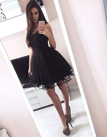 Stylish black tulle short prom homecoming dresses,PD380073