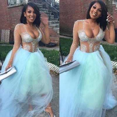 Sexy new arrival light sky blue tulle prom dreses with beaded - Thumbnail 5