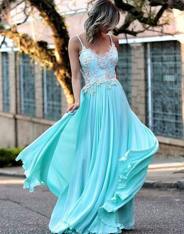 Blue A line chiffon lace long prom evening dresses,PD1701501