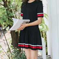 Stripe College Style Pleated Dress - Thumbnail 4