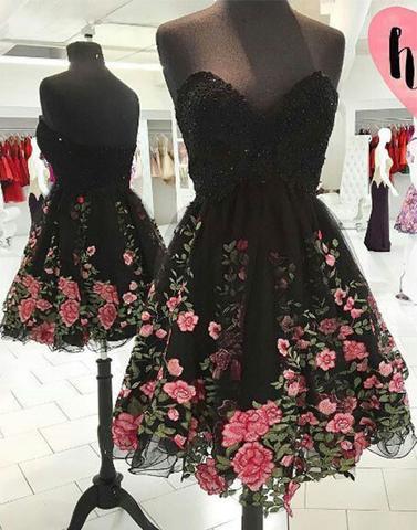 Charming black A line applique short prom dress, homecoming dress,15042704