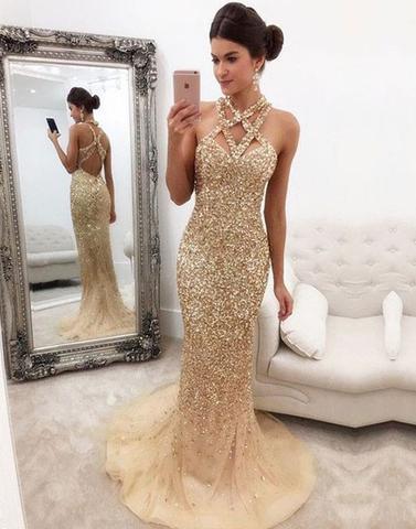 Champagne mermaid sequins long prom dress, evening dress,15042410