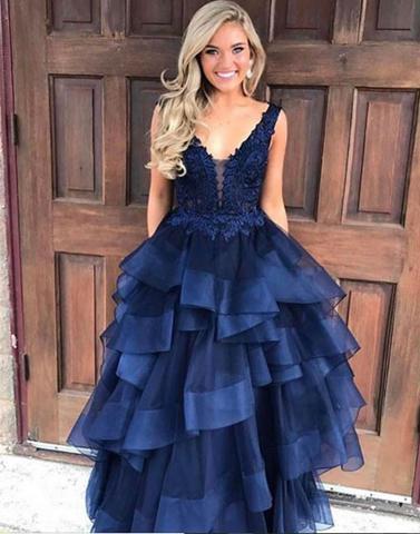 Dark blue v neck tulle lace long prom gown, lace evening dress,15042403