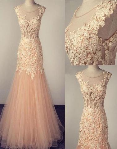 Champagne mermaid tulle lace long prom gown evening dress,15042405